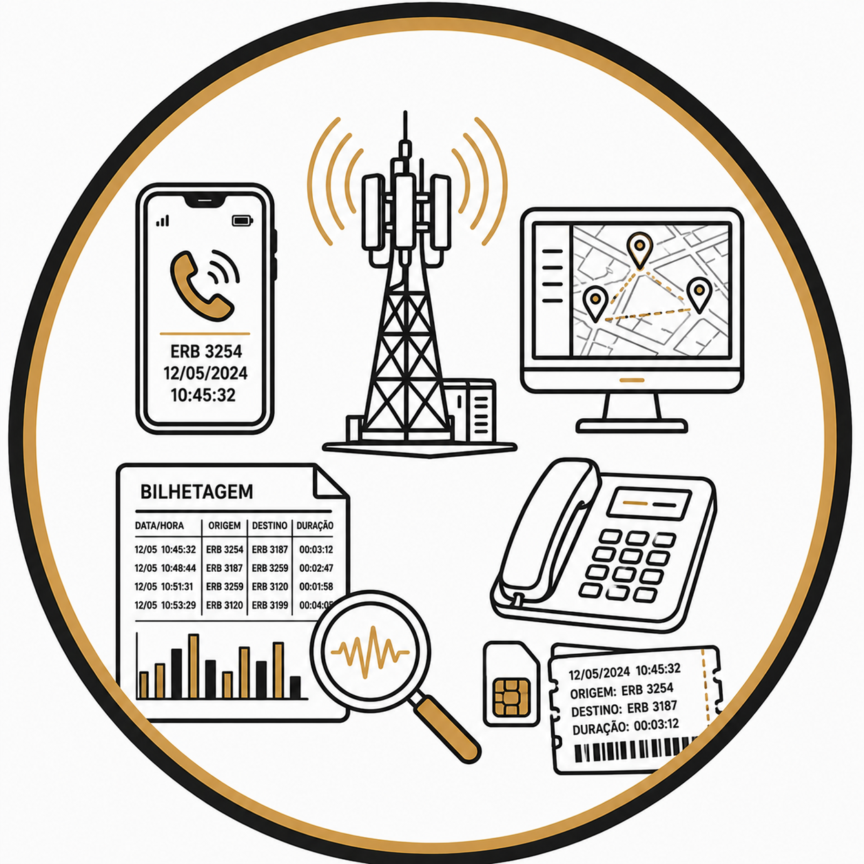 Ícone de perícia em telefonia, ERBs e bilhetagem